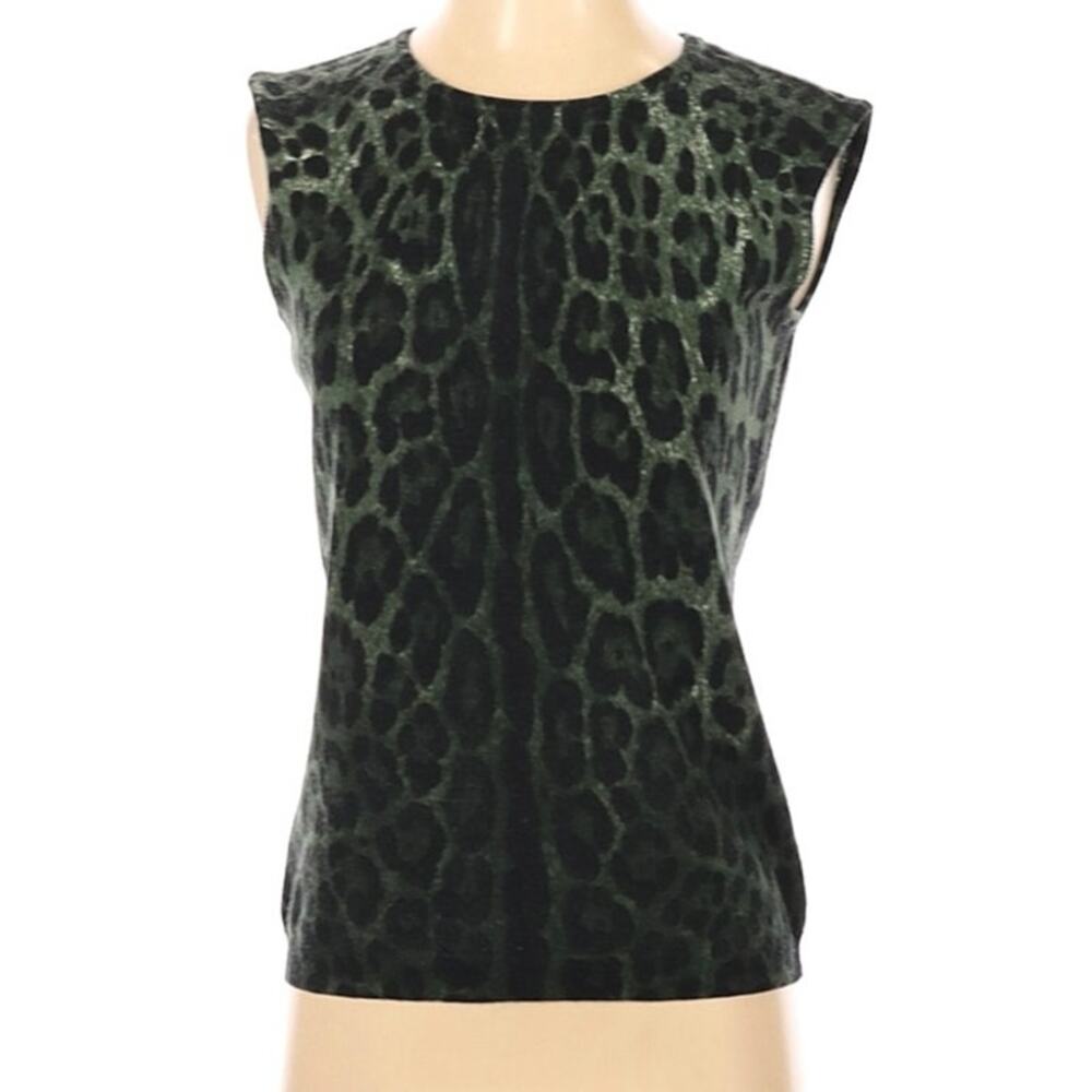 Green Merino Wool Leopard Pullover Sweater ML Sleeveless Vest Per Se By Carlisle